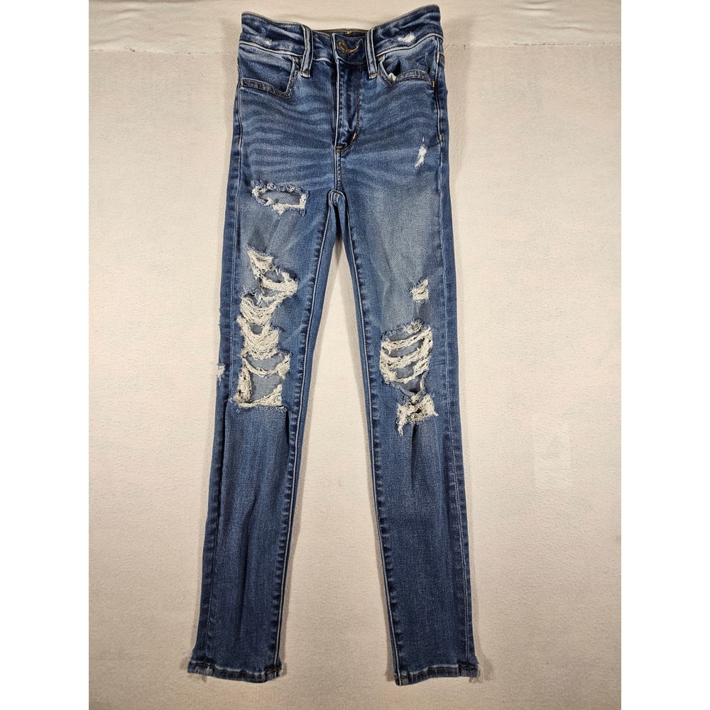 American Eagle Super Hi-Rise Jegging 00 Short Distressed Ripped Jean Medium Wash